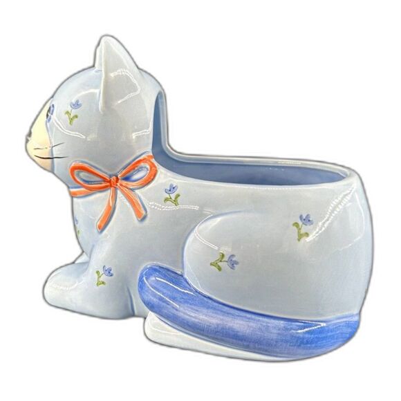 VTG Otagiri Japan Blue Cat With Floral Accents Pink Ribbon Small Planter - Picture 7 of 8